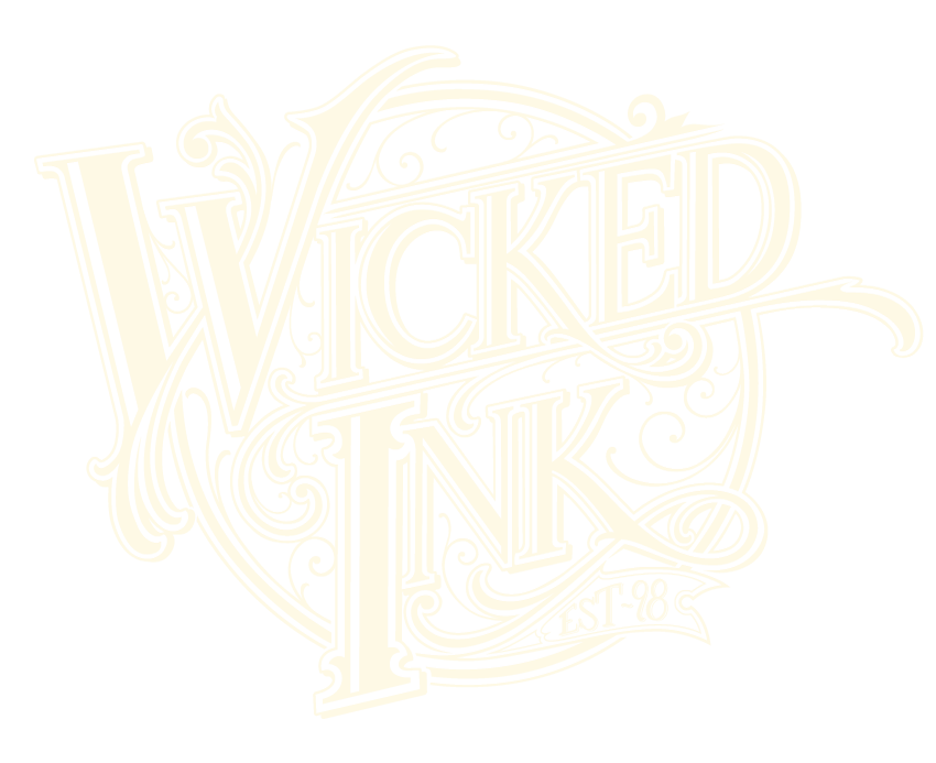A typography and filigree style logo for wicked ink